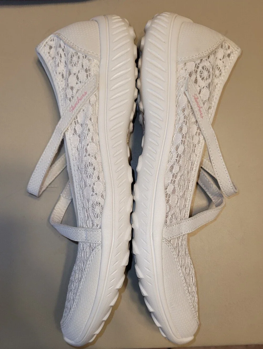 Skechers Women's Beide & Pink Lace Mary Jane Flats with Cushioned Insoles.